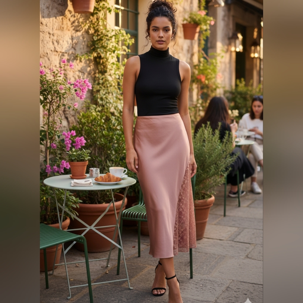 Bluivy Blush Midi Skirt with Lace Detail